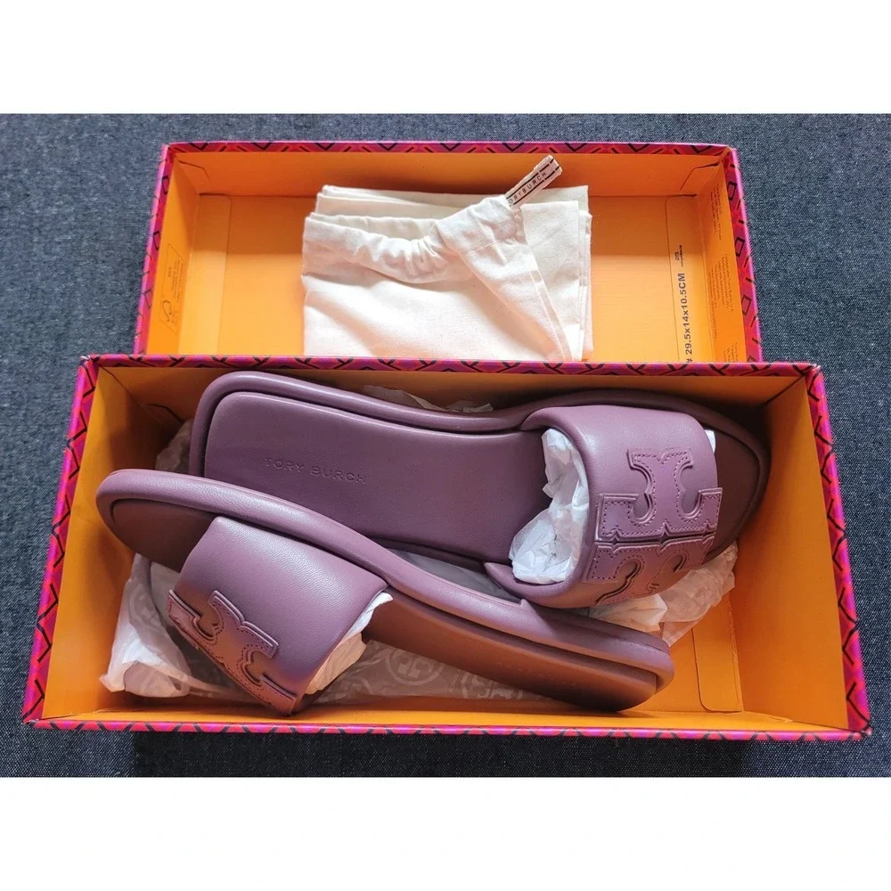 Tory Burch Double T Sport Slide Cipria Size 6.5 Leather Dusty Purple New In Box